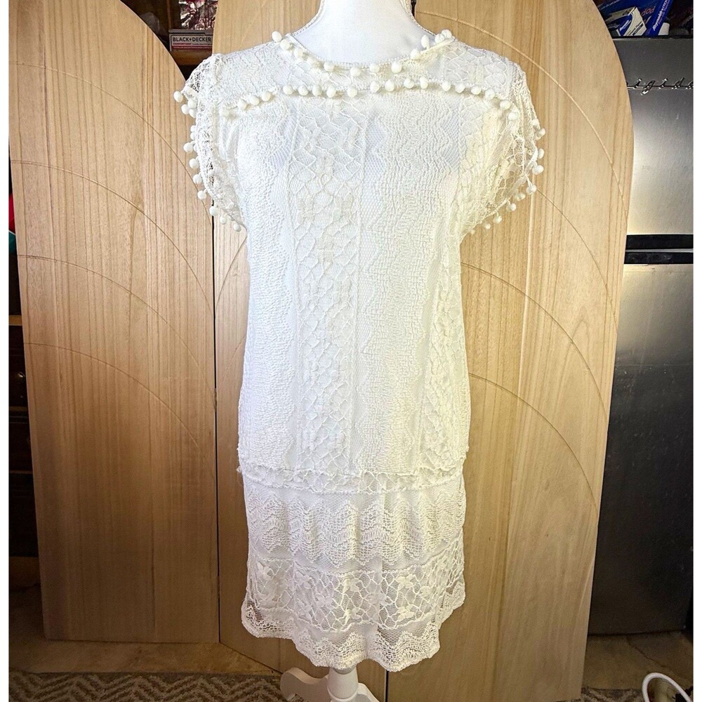 White Lace Pom Pom Trim Mini Dress Boho Drop Waist Festival Cottagecore Size S/M